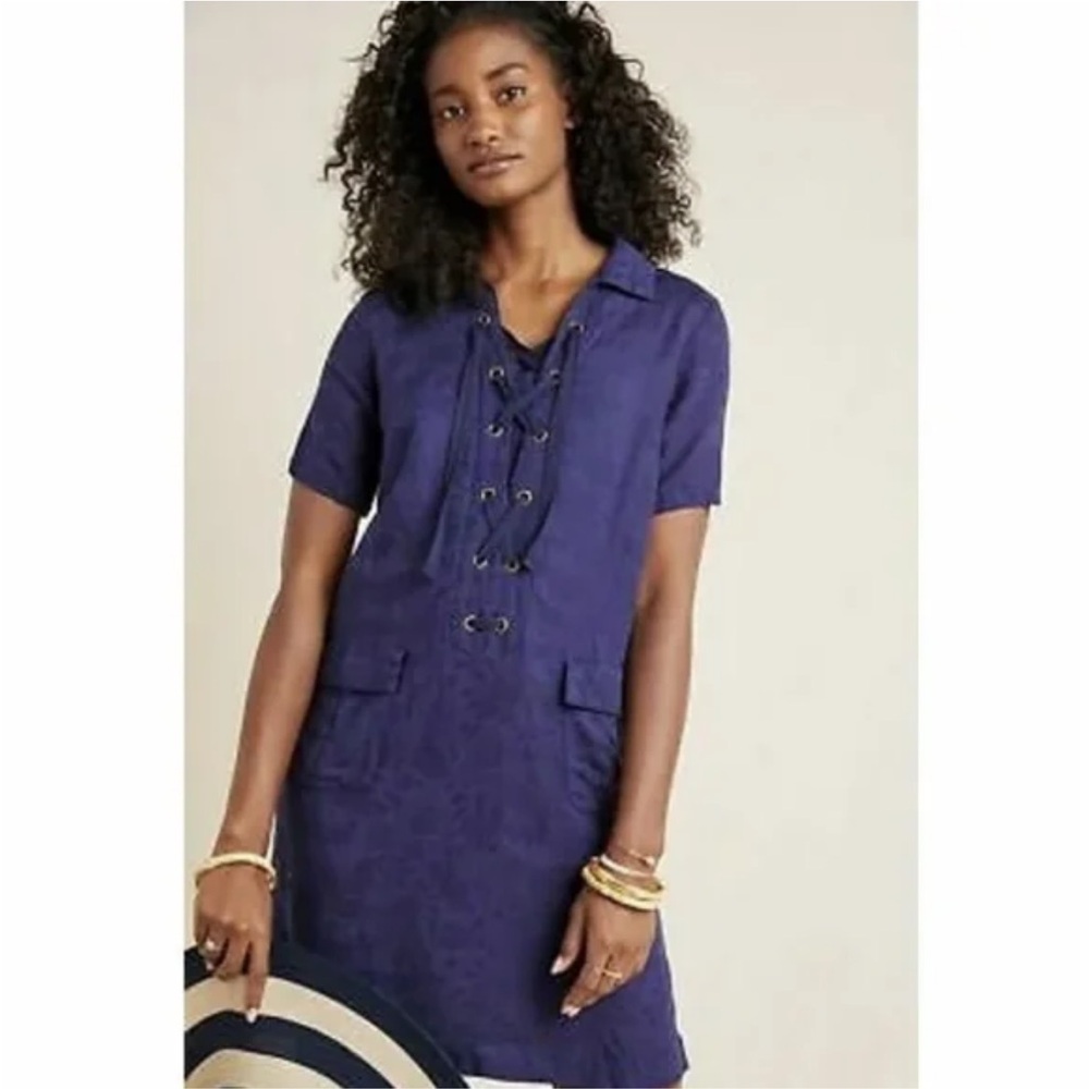 ANTHROPOLOGIE Blue Finlay Lace-up Linen Shirt Dress